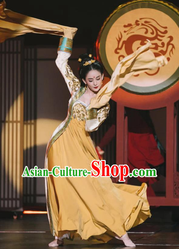 Chinese Flying Apsaras in Dunhuang Murals Clothing Ancient Water Sleeve Dance Yellow Dress Costume