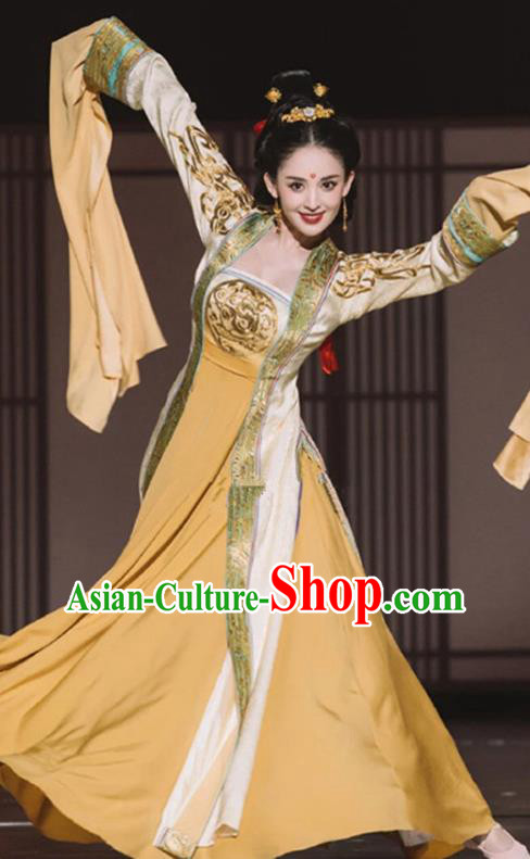 Chinese Flying Apsaras in Dunhuang Murals Clothing Ancient Water Sleeve Dance Yellow Dress Costume