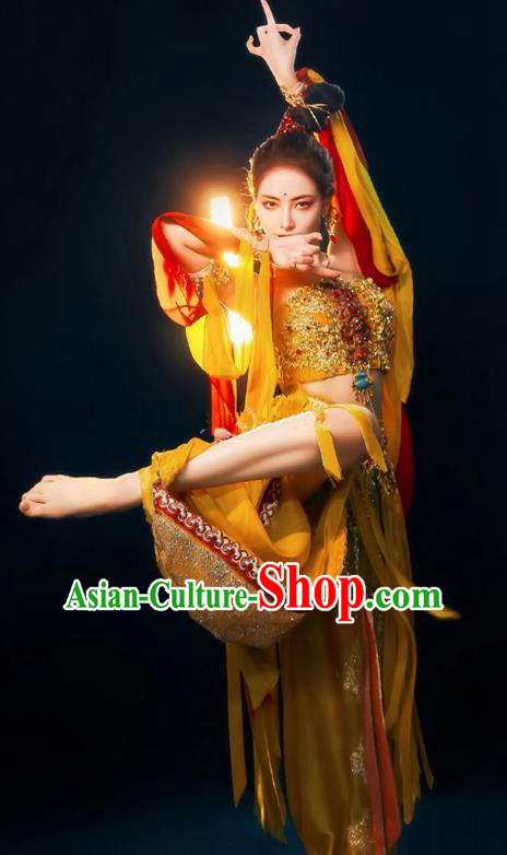 Chinese Ancient Lou Lan Princess Dress Costume Flying Apsaras in Dunhuang Murals Dance Clothing