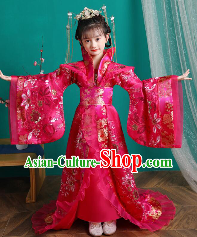 Chinese Children Clothing Ancient Princess Magenta Trailing Dress Tang Dynasty Imperial Empress Garment Costume