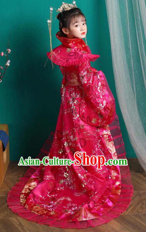 Chinese Children Clothing Ancient Princess Magenta Trailing Dress Tang Dynasty Imperial Empress Garment Costume