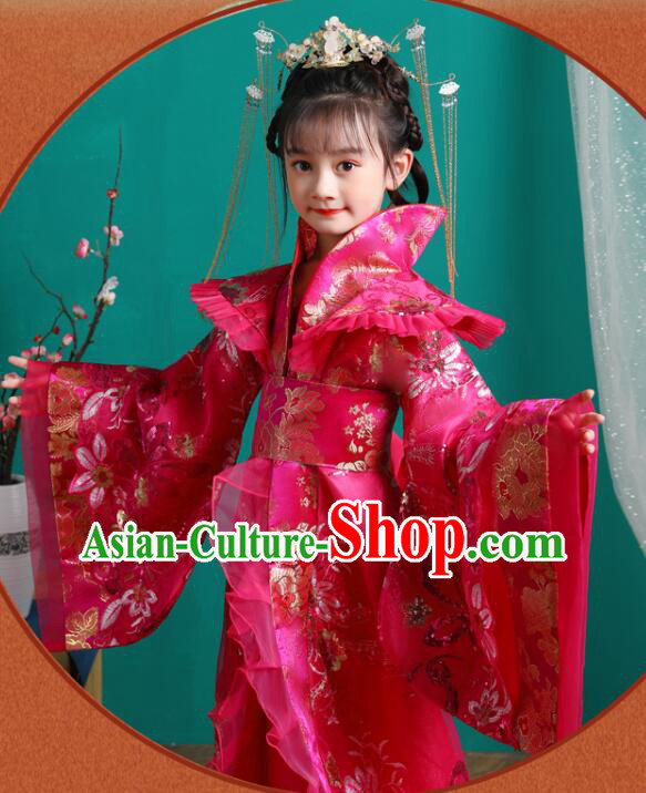 Chinese Children Clothing Ancient Princess Magenta Trailing Dress Tang Dynasty Imperial Empress Garment Costume