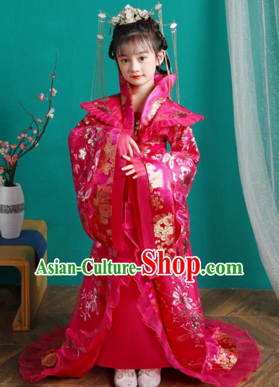 Chinese Children Clothing Ancient Princess Magenta Trailing Dress Tang Dynasty Imperial Empress Garment Costume