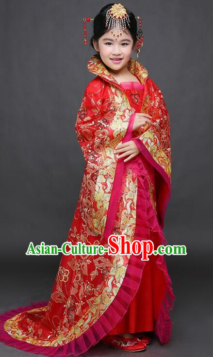 Chinese Ancient Children Clothing Princess Red Dress Tang Dynasty Imperial Concubine Garment Costume