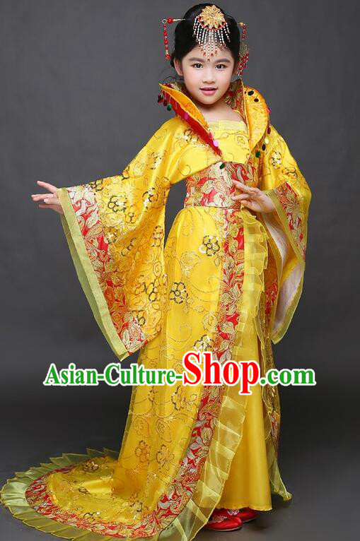 Chinese Tang Dynasty Imperial Concubine Garment Costume Ancient Children Clothing Empress Yellow Dress