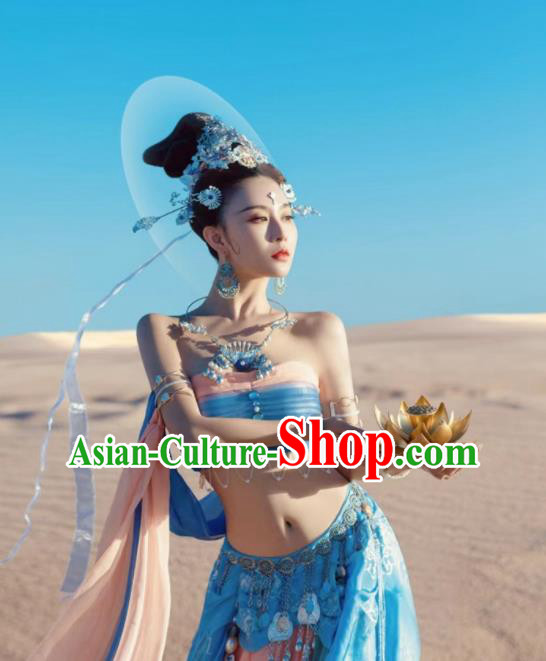 Chinese Classical Flying Apsaras Dance Clothing Dunhuang Dance Blue Dress Ancient Goddess Garments