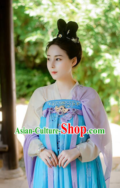Chinese Tang Dynasty Princess Clothing Traditional Blue Hanfu Dress Ancient Palace Lady Garment Costumes