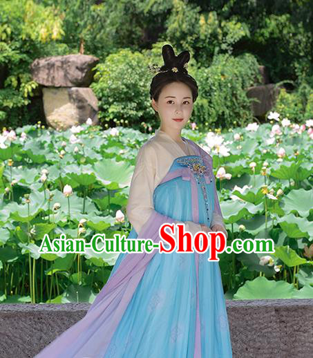 Chinese Tang Dynasty Princess Clothing Traditional Blue Hanfu Dress Ancient Palace Lady Garment Costumes