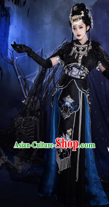 Chinese Ancient Queen Black Dress Drama Journey to the West Bai Gu Fairy Garment Costumes