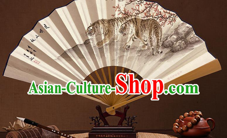 Chinese In Painting Tigers Fan Handmade Paper Fan Traditional Wenge Folding Fans