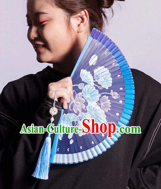 Chinese Painting Lotus Fan Handmade Bamboo Fan Traditional Dark Blue Folding Fans