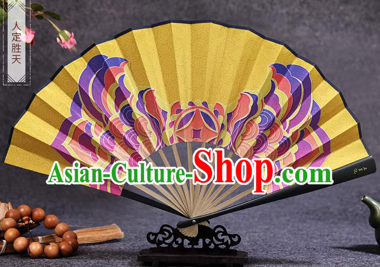 Chinese Traditional Folding Fans Painting Yellow Silk Fan Handmade Bamboo Fan Accordion