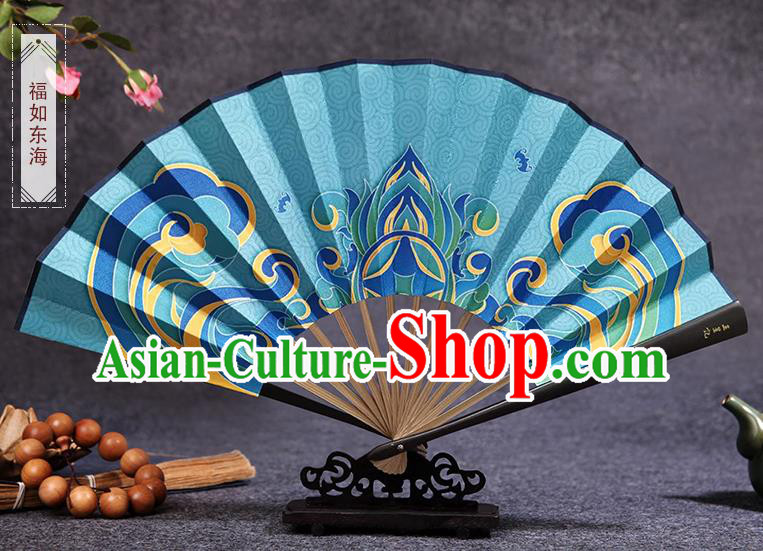 Chinese Bamboo Fan Traditional Folding Fans Painting Blue Silk Fan Handmade Accordion