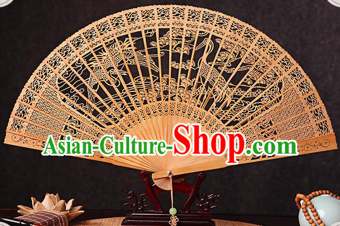 Chinese Carved Pine Crane Fan Handmade Craft Accordion Sandalwood Collection Fan Traditional Folding Fans
