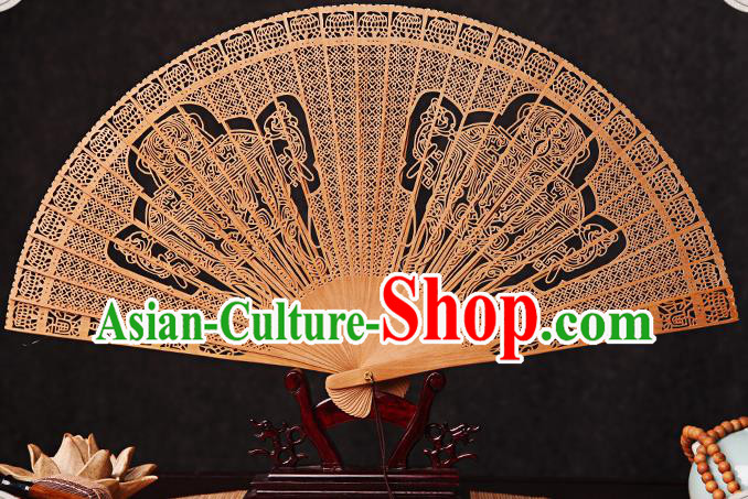 Chinese Traditional Folding Fans Carved Double Tripods Fan Handmade Craft Accordion Sandalwood Collection Fan