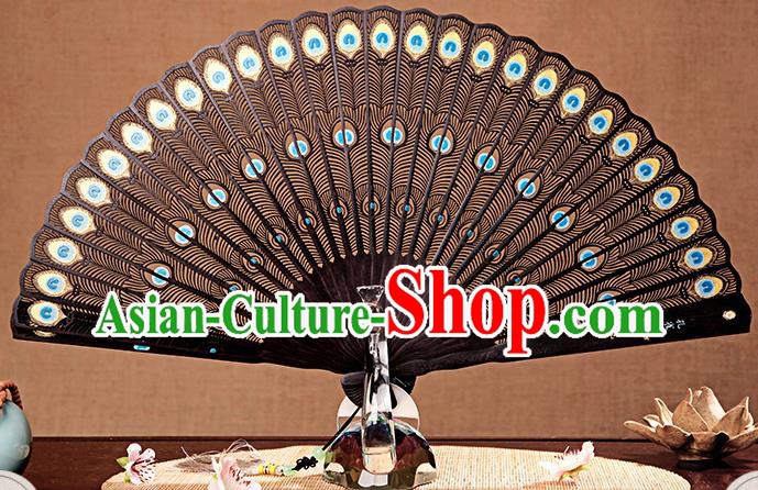 Chinese Carved Peacock Feather Fan Handmade Craft Fan Ebony Accordion Traditional Folding Fans