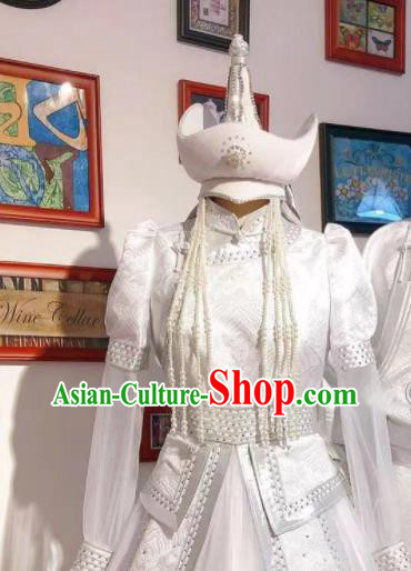 Top Handmade Mongolian Robe Chinese Mongol Nationality White Dress Traditional Wedding Bride Costume