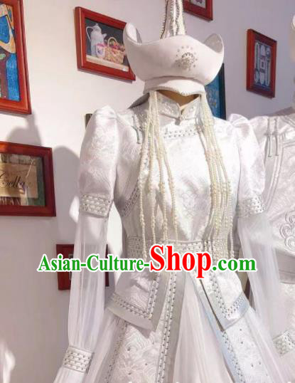 Top Handmade Mongolian Robe Chinese Mongol Nationality White Dress Traditional Wedding Bride Costume