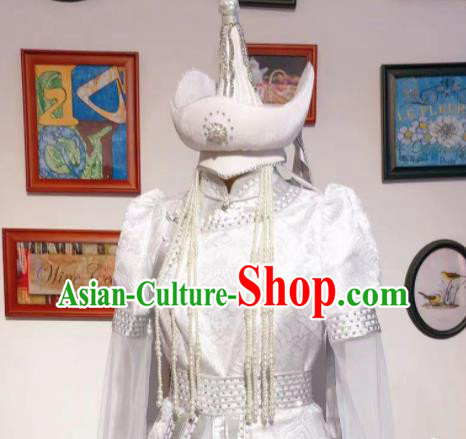 Top Handmade Mongolian Robe Chinese Mongol Nationality White Dress Traditional Wedding Bride Costume