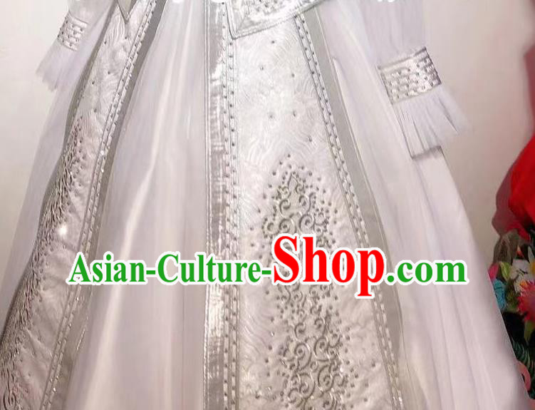 Top Handmade Mongolian Robe Chinese Mongol Nationality White Dress Traditional Wedding Bride Costume