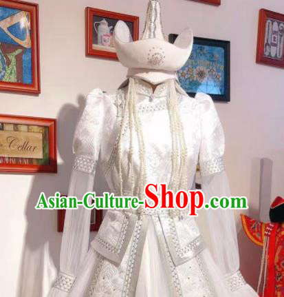 Top Handmade Mongolian Robe Chinese Mongol Nationality White Dress Traditional Wedding Bride Costume
