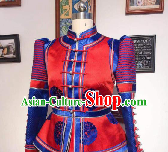 Handmade Wedding Costume Traditional Red Mongolian Robe Chinese Mongol Nationality Bride Dress