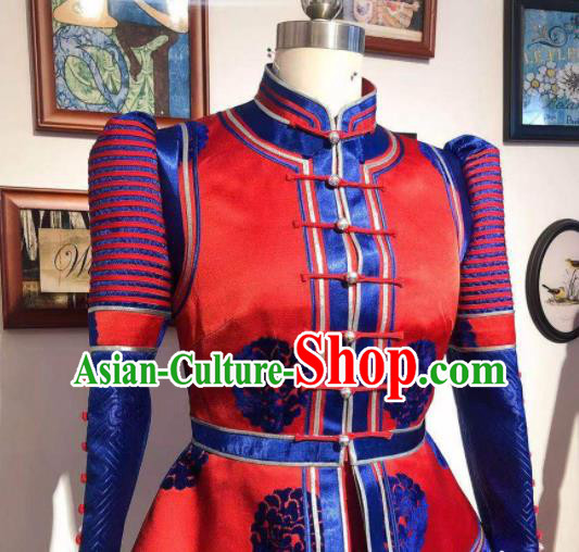 Handmade Wedding Costume Traditional Red Mongolian Robe Chinese Mongol Nationality Bride Dress