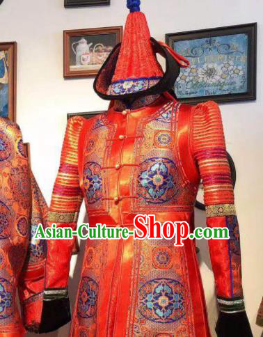 Chinese Mongol Nationality Bride Dress Handmade Wedding Costume Traditional Red Mongolian Robe