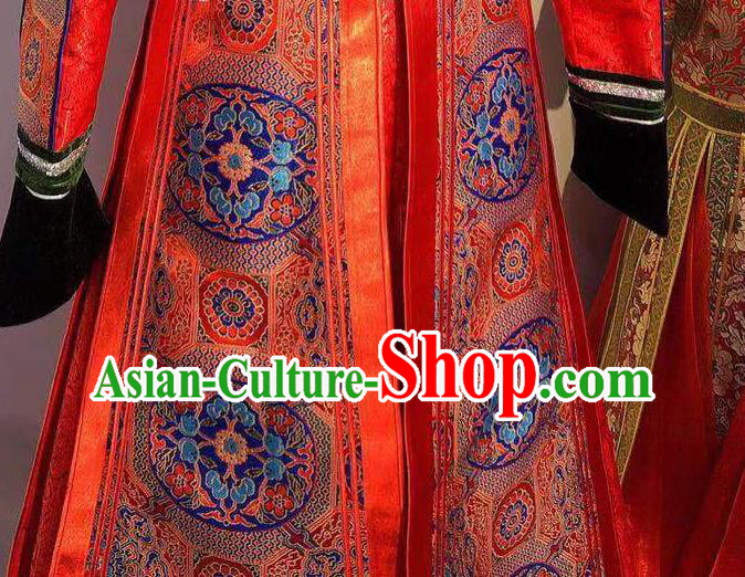 Chinese Mongol Nationality Bride Dress Handmade Wedding Costume Traditional Red Mongolian Robe