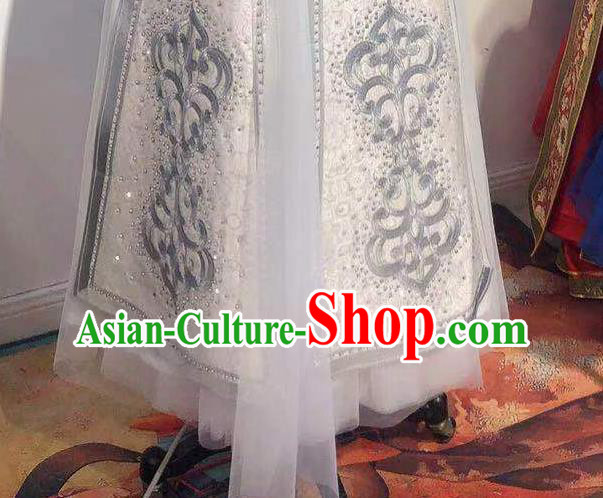 Chinese Traditional Embroidery Mongolian Robe Mongol Nationality Bride White Dress Handmade Wedding Costume