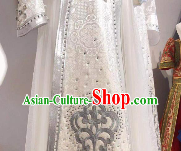 Chinese Traditional Embroidery Mongolian Robe Mongol Nationality Bride White Dress Handmade Wedding Costume