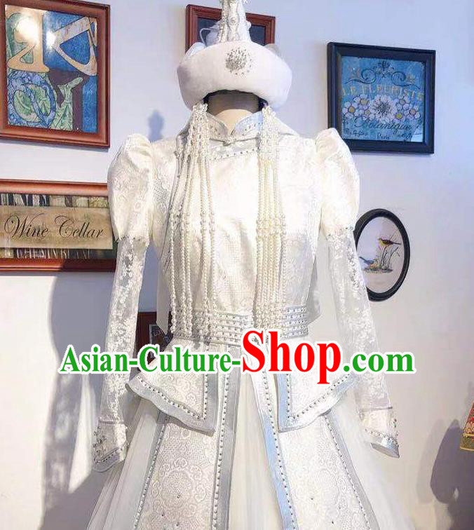 Chinese Traditional Embroidery Mongolian Robe Mongol Nationality Bride White Dress Handmade Wedding Costume