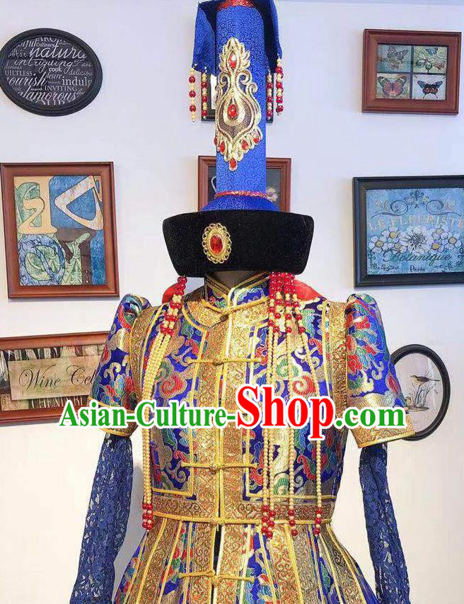 Chinese Handmade Wedding Costume Traditional Royalblue Mongolian Robe Mongol Nationality Bride Dress