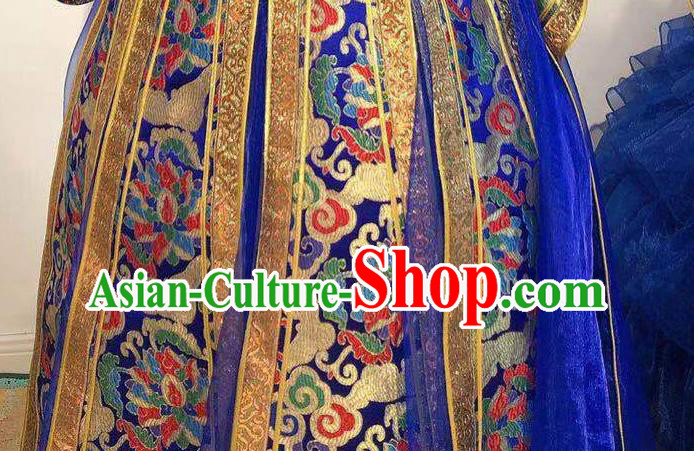 Chinese Handmade Wedding Costume Traditional Royalblue Mongolian Robe Mongol Nationality Bride Dress