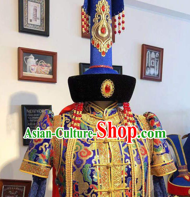Chinese Handmade Wedding Costume Traditional Royalblue Mongolian Robe Mongol Nationality Bride Dress