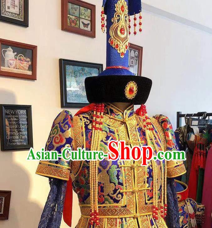 Chinese Handmade Wedding Costume Traditional Royalblue Mongolian Robe Mongol Nationality Bride Dress