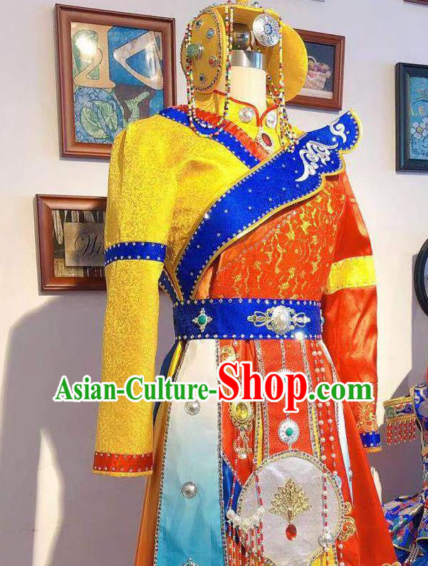 Chinese Zang Nationality Festival Red Dress Folk Dance Costume Traditional Zang Ethnic Clothing