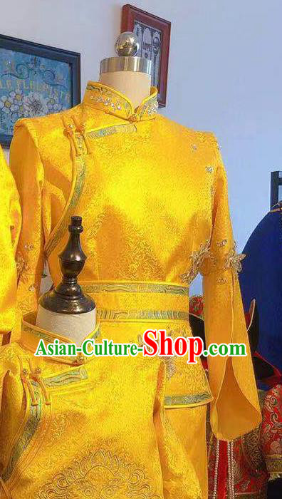 Chinese Traditional Ethnic Clothing Mongol Nationality Festival Gold Dress Mongolian Folk Dance Costume