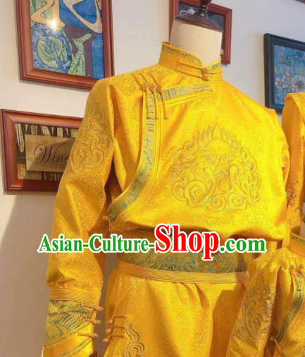 Chinese Mongolian Men Folk Dance Costume Traditional Ethnic Clothing Mongol Nationality Festival Gold Robe