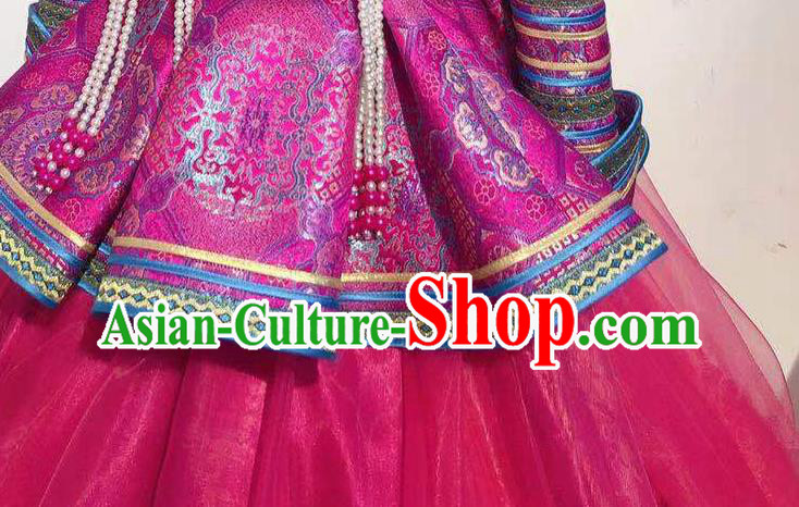 Chinese Mongolian Princess Garment Traditional Ethnic Festival Costume Mongol Nationality Dance Megenta Dress