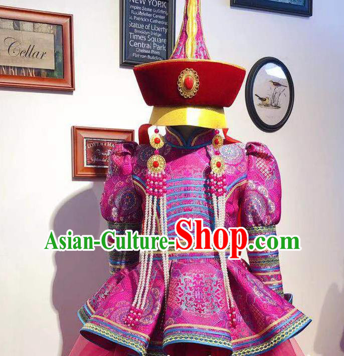 Chinese Mongolian Princess Garment Traditional Ethnic Festival Costume Mongol Nationality Dance Megenta Dress