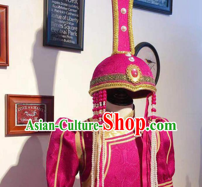 Chinese Mongol Nationality Dance Megenta Dress Mongolian Princess Garment Traditional Ethnic Festival Costume