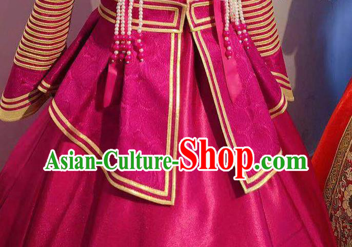 Chinese Mongol Nationality Dance Megenta Dress Mongolian Princess Garment Traditional Ethnic Festival Costume