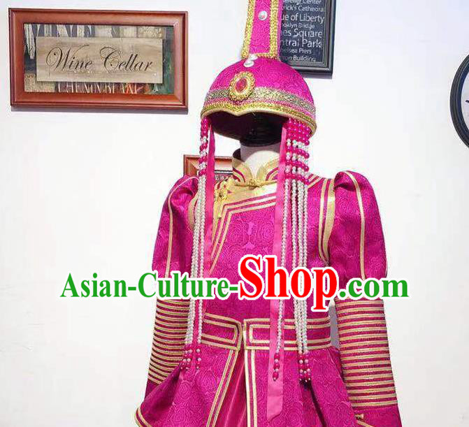 Chinese Mongol Nationality Dance Megenta Dress Mongolian Princess Garment Traditional Ethnic Festival Costume