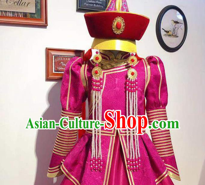 Chinese Mongol Nationality Dance Megenta Dress Mongolian Princess Garment Traditional Ethnic Festival Costume