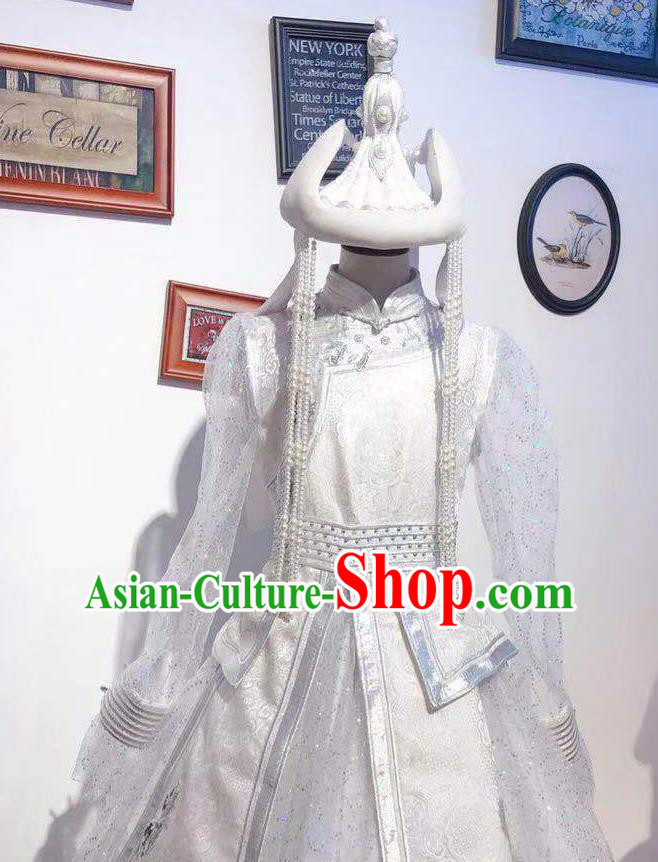 Chinese Mongolian Folk Dance Garment Traditional Ethnic Festival Costume Mongol Nationality Wedding White Dress