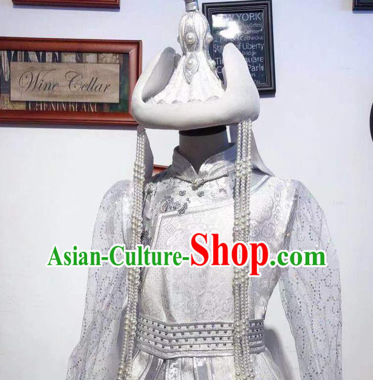 Chinese Mongolian Folk Dance Garment Traditional Ethnic Festival Costume Mongol Nationality Wedding White Dress