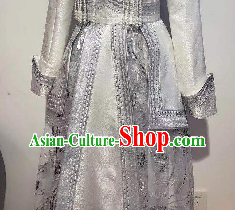 Chinese Mongol Nationality Wedding White Dress Mongolian Folk Dance Garment Traditional Ethnic Festival Costume