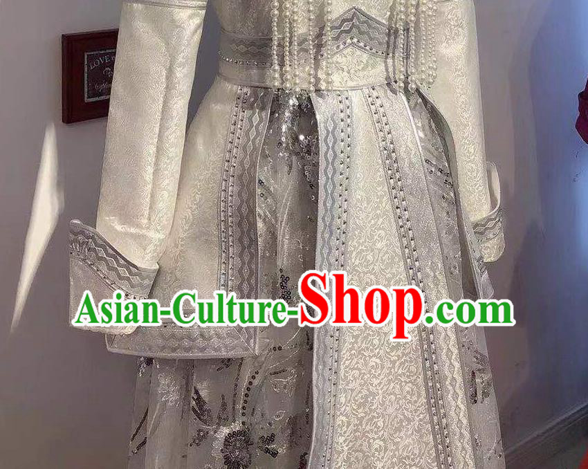 Chinese Mongol Nationality Wedding White Dress Mongolian Folk Dance Garment Traditional Ethnic Festival Costume