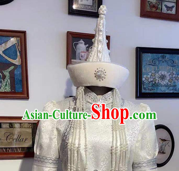 Chinese Mongol Nationality Wedding White Dress Mongolian Folk Dance Garment Traditional Ethnic Festival Costume
